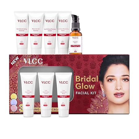 VLCC Bridal Glow Facial Kit - 49g, With Hyaluronic Acid, Niacinamide & Vitamin C. At home facial with 3 Illuminator Strobe Creams - Gold Strobe Cream. Lilac Strobe Cream. Rose Strobe Cream