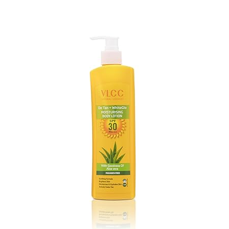 VLCC DeTan + WhiteGlo Moisturising Body Lotion SPF 30 PA+++ - 350ml | Brightens and Moisturises skin | With Cocoa, Shea Butter, Aloe Vera, and Almond Oil.