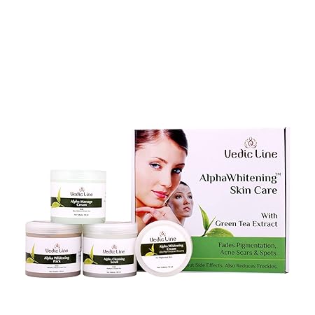 Vedic Line Alpha Whitening Skin Care Facial Kit For Glowing And Smooth Skin With Green Tea Extract To Reduce Acne And Dark Spots (Scrub, Massage Cream, Face Pack, Cream), 350Ml