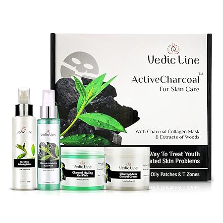 Vedicline Active Charcoal Facial Kit, Reduce Blackheads & Whiteheads, Pimples, Acne with Tea Tree and Charcoal for Clear & Glowing Skin, 400ml